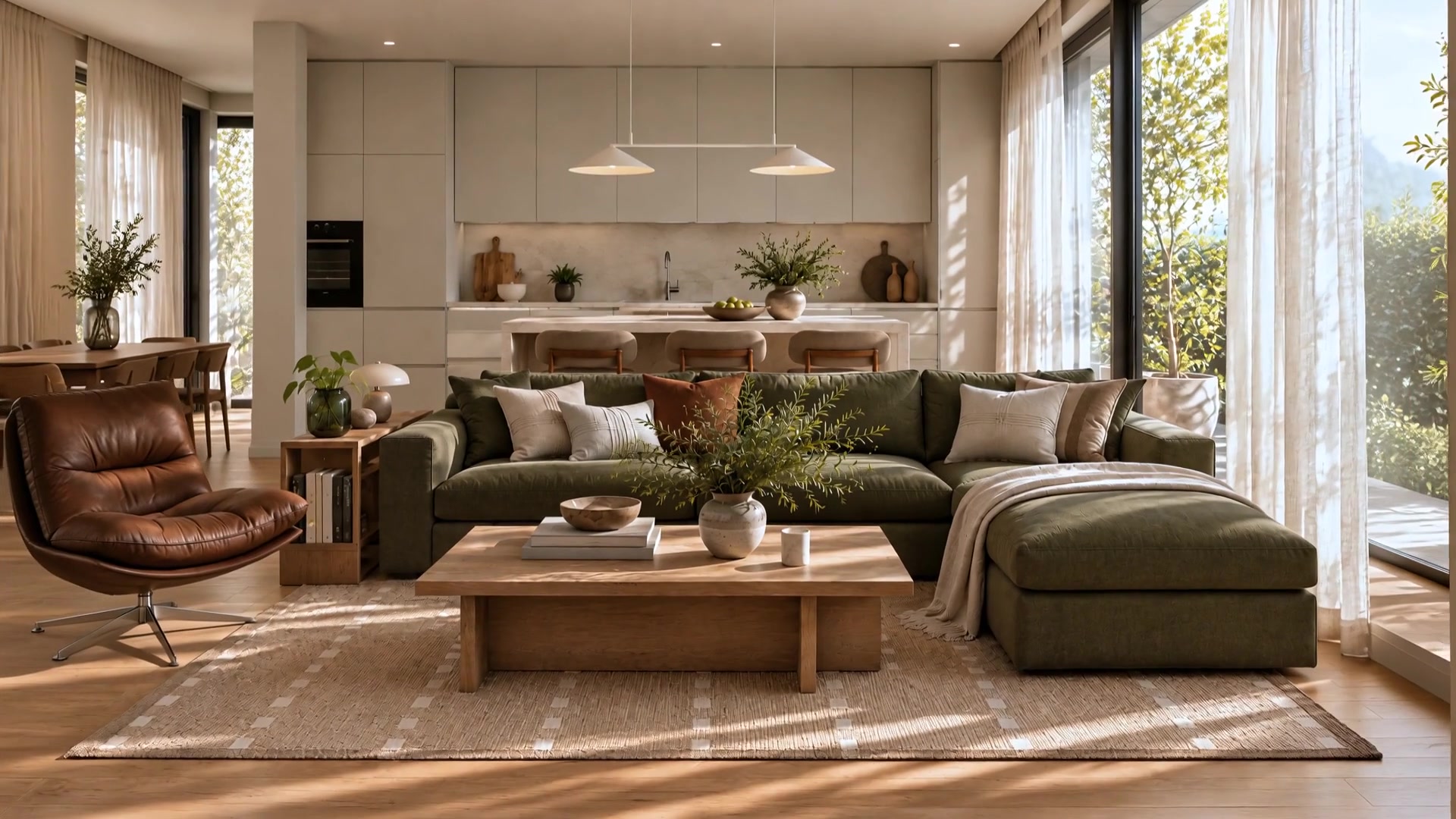 Propuesta visual del proyecto BIDANE: salón abierto a una cocina, sofá verde, madera y luz natural