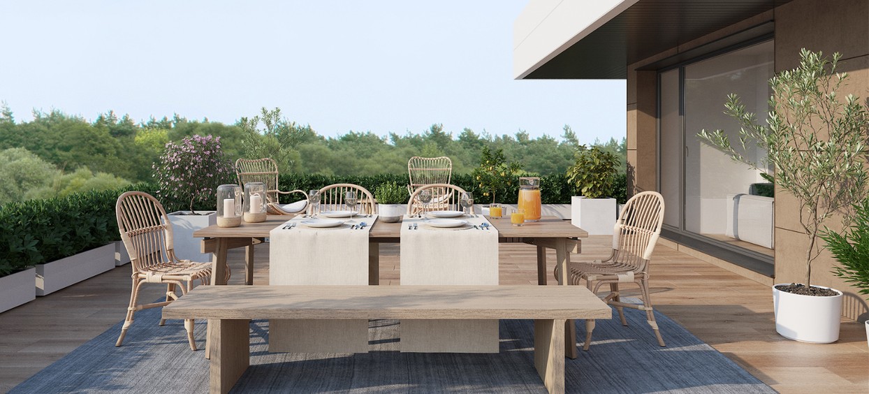 Referencia del documento: terraza con comedor exterior y vegetación