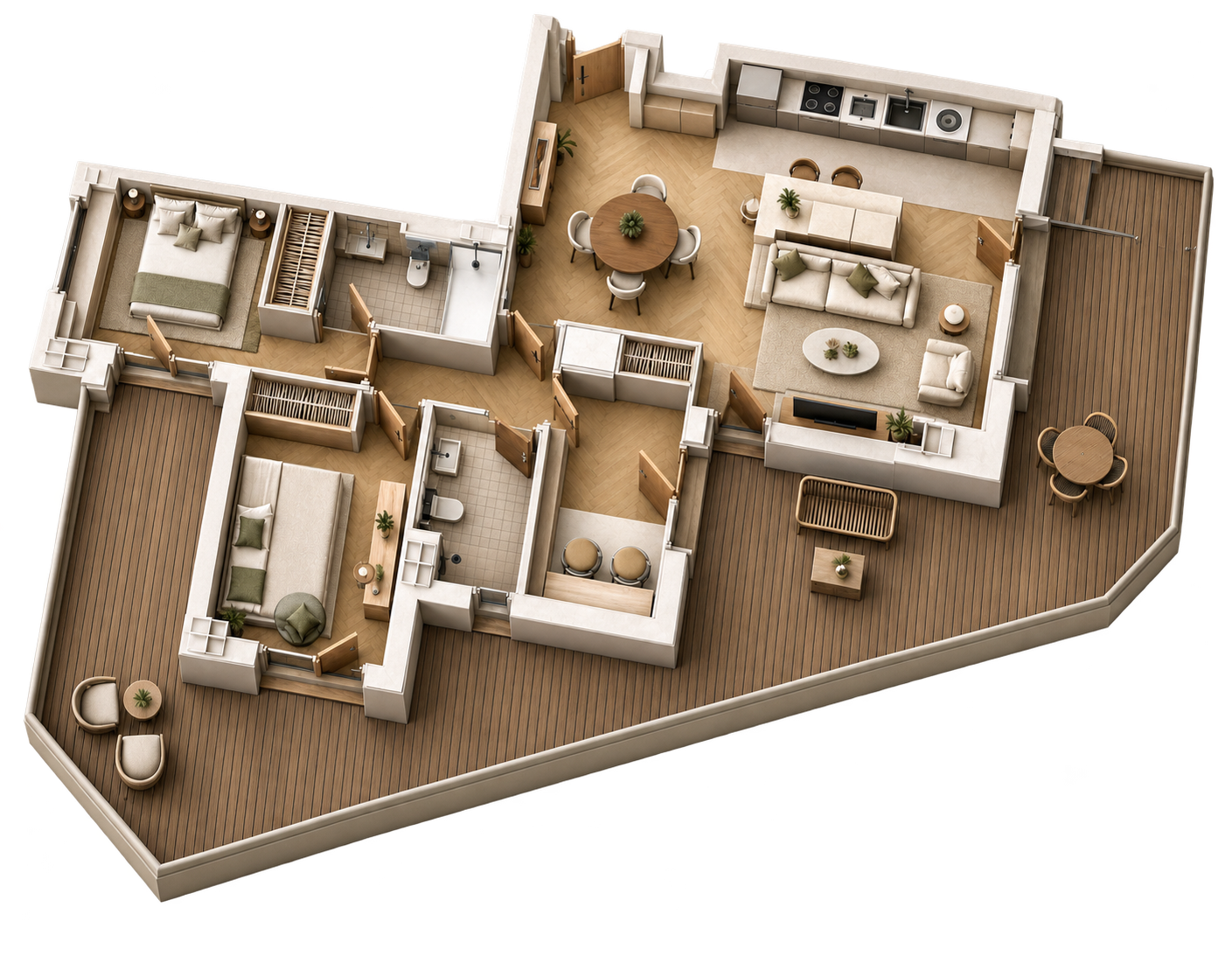 Vista elevada de la vivienda: zona de día con cocina, comedor y salón; dormitorios, espacios de conexión y terraza perimetral