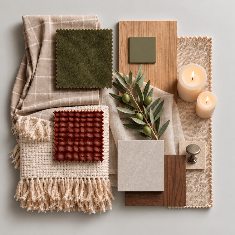 Composición de materiales de inspiración: tejidos, madera, piedra y metal