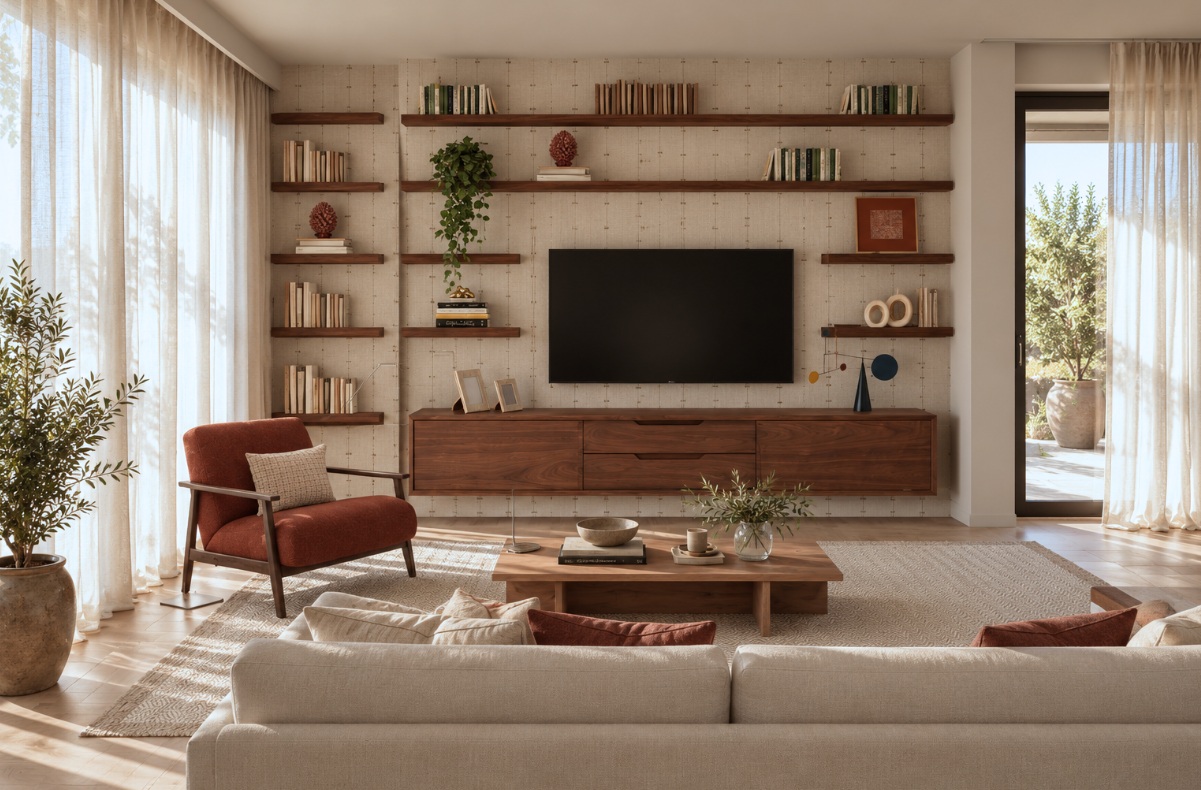Render completo de la propuesta en neutros y teja, vista de la zona de televisión
