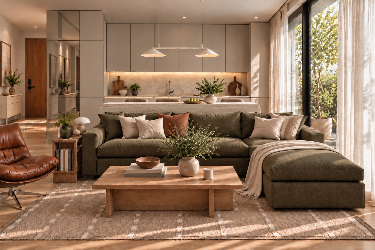 Render completo de la propuesta en verde oliva, vista de la zona de estar
