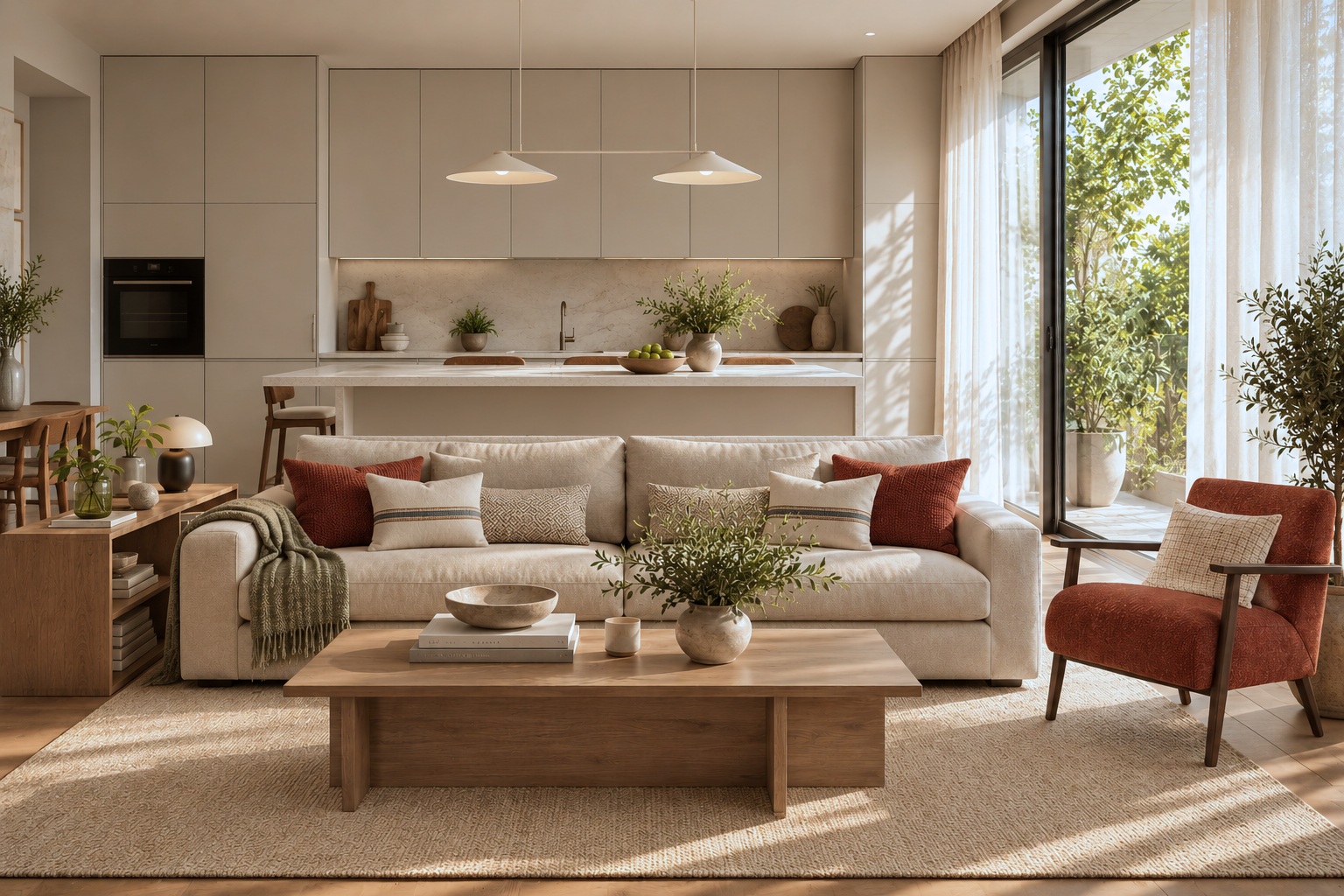 Render completo de la propuesta en neutros y teja, vista de la zona de estar